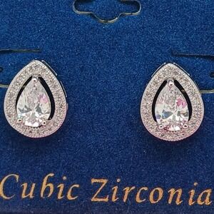 Vintage 90s Cubic Zirconia Pear Halo Stud Earrings Silver Tone Rare New on Card